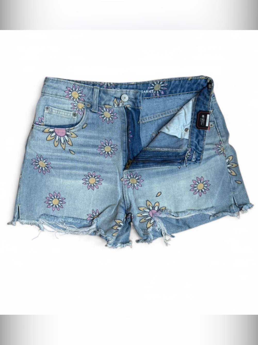 No Boundaries Light Blue Denim Shorts with Pink & Yellow Daisy Print - Picture 2 of 6